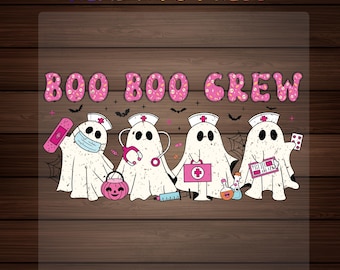 May include: A graphic design featuring the text BOO BOO CREW in pink with ghost patterns. Four white ghosts dressed as medical professionals wear nurse caps and hold items including a pink bandage, stethoscope, medical bag, and clipboard.