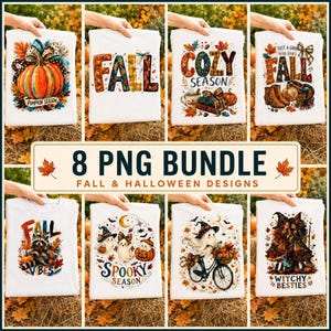 Puede incluir: Un paquete digital de ocho camisetas blancas con diseños gráficos de otoño y Halloween, incluyendo calabazas, fantasmas, brujas y textos como FALL, COZY SEASON, SPOOKY SEASON y WITCHY BESTIES, sobre un fondo de heno.
