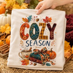 Cozy Season PNG, Colorful Fall Sublimation Design with Pumpkins and Autumn Leaves