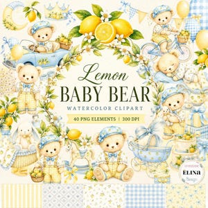 Lemon Baby Bear Clipart Bundle, 40 Watercolor PNGs for Nursery Decor
