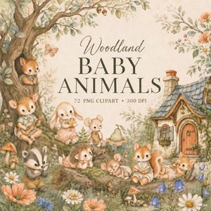 Puede incluir: Una ilustración digital con animales bebés del bosque, incluyendo un ciervo, conejo, tejón, erizo y ardilla cerca de una cabaña y un árbol. El texto dice Woodland BABY ANIMALS 72 PNG CLIPART 300 DPI. Incluye flores y follaje.
