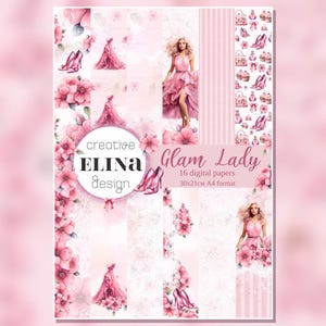 Pink Digital Paper Bundle, Glamorous Lady in Dress A4 Printable Designs