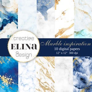 Puede incluir: Una colección de 10 papeles digitales con patrones de mármol y tinta al alcohol en tonos azul, blanco y dorado. La imagen incluye el texto creative ELINA design, Marble inspiration, 10 digital papers y 30,48 cm x 30,48 cm 300 dpi.