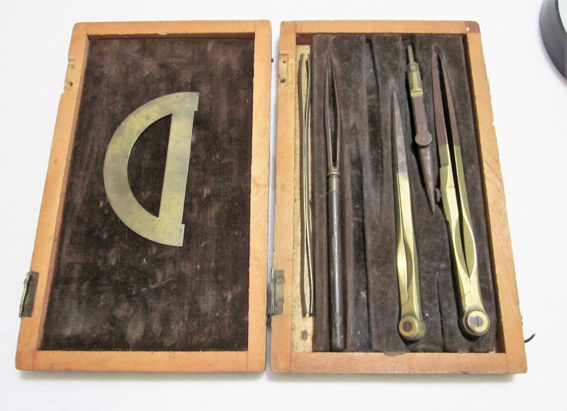 Antique Drafting Set Brass Drafting Set Boxed Drafting Etsy