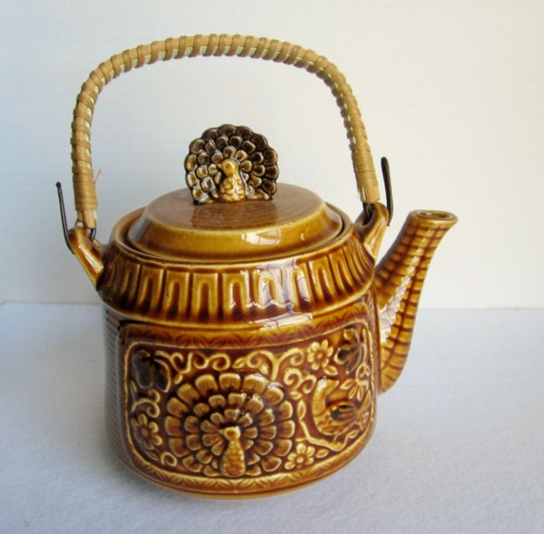Vintage Brown Teapot Peacock Teapot Rattan Handle Teapot Etsy