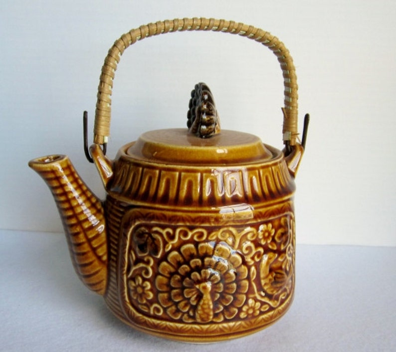 Vintage Brown Teapot Peacock Teapot Rattan Handle Teapot Etsy
