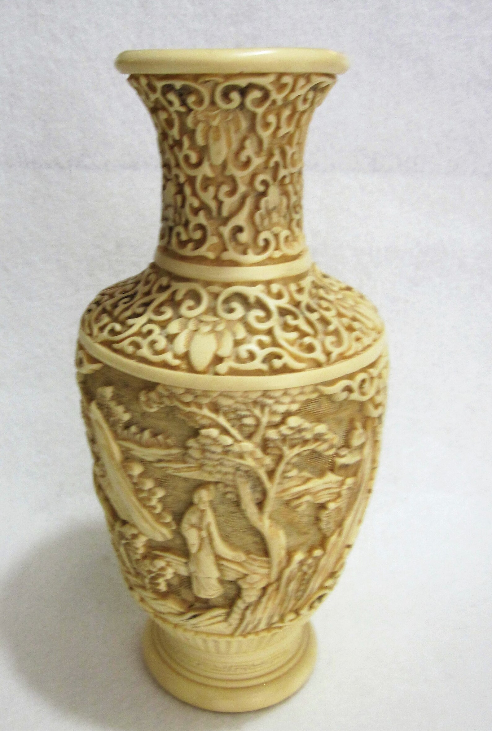Carved Faux Ivory Resin Vase Carved Asian Vase White Etsy