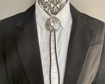Vintage and Sterling Abalone Bolo with Black Leather Tie