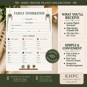 May include: A printable family information form titled KHPC House Plant Collection. The document features sections for household details and six family members, with fields for names, birthdays, and contact info, decorated with hanging plant illustrations.