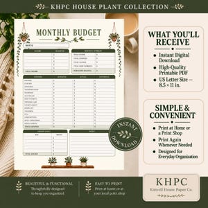 May include: A monthly budget planner template featuring a botanical theme with hanging plant illustrations. The document includes sections for income, expenses, savings goals, and notes, with text stating KHPC HOUSE PLANT COLLECTION.