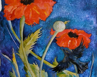 Poppies & Blackbird