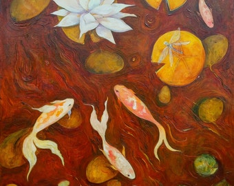 Water Poem I is an original Oil Painting on Panel of Gold Fish, Water Lilies, Dragonflies and Smooth Rocks in Rich Sienna, Orange & Gold
