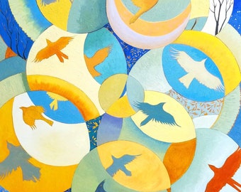 Joy of Flying is a print of an original oil on canvas with circular shapes of birds flying in blues, yellow and red