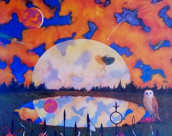 Many New Moons is a print of a Surreal original oil painting of an Owl, Full Moon, Fingernail Moon, Butterfly in Yellow and Blues