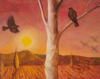 Birds for St. Francis is a print of an original oil on panel based on Giotto's painting of St. Francis feeding the birds limited ed 4/100