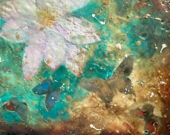 Lotus & Butterflies oil and encaustic on panel featuring a beautiful white lotus inspired by Mother Nature and Spirituality