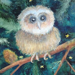 May include: A watercolor painting of a small brown owl perched on a branch with a green and blue background. The owl has large, dark eyes and a fluffy, white chest.