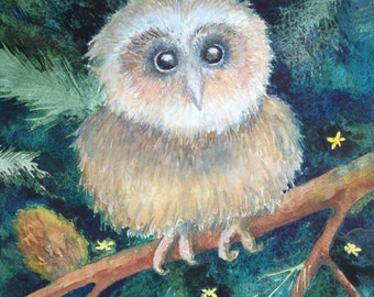 Little Owl Firefly is a print of an original watercolor of a baby owl sitting in a pine tree surrounded by fireflies. FREE Shipping in USA