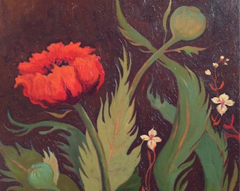 Scarlett Poppy I es una pintura al óleo original sobre lienzo de una hermosa amapola roja con un fondo marrón magenta y colores verdes terrosos