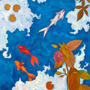 Beautiful Fish with Flowers is a Print of an Original Oil Painting of My Garden Pond with Reflections of Clouds in the Water