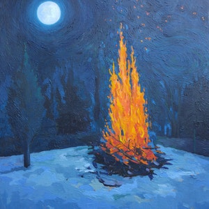 Burning the Tree is a print of an original oil painting of a great bonfire under a full moon. Surrounded by evergreens & a snowy white field