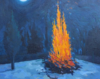 Burning the Tree is a print of an original oil painting of a great bonfire under a full moon. Surrounded by evergreens & a snowy white field