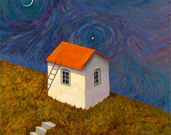 Red Roof I is a print of a serene painting with a peaceful hillside hut with ladder and swirling blues, reds & green. LaurenLitwa.com