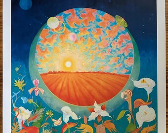 The Portal is a print of an oil painting with a Luna moth, calla lilies, salamander and color sky