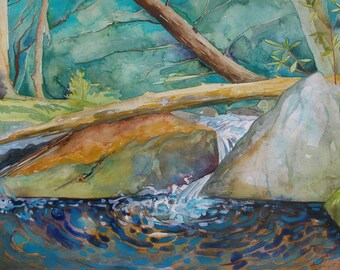Great Boulders is a print of an original watercolor painted on location in the mountains in Trout Run, Pennsylvania