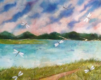 Gull Pond Dragonflies en Wellfleet MA es una acuarela original de Cape Cod en azul turquesa y verdes