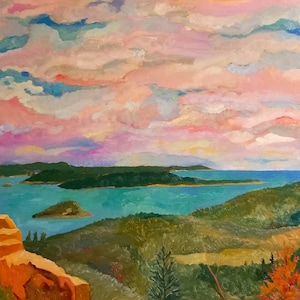 Cadillac Mountain is an original oil painting of a famous Maine road at Cadillac Mountain heading down towards Frenchman&#39;s Bay