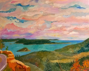 Cadillac Mountain is an original oil painting of a famous Maine road at Cadillac Mountain heading down towards Frenchman's Bay