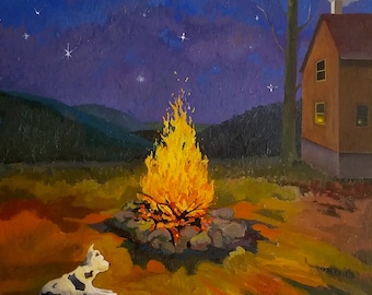 Sadie at the Fire is a print of an original painting of a favorite pitbull at the cabin in the mountains with a bonfire