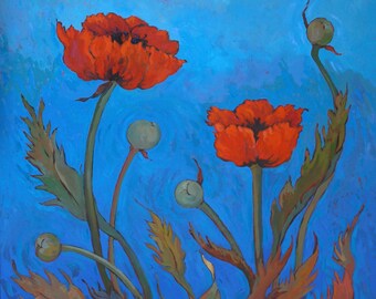 Summer Poppy is a print of an original oil painting of a vibrant Red Flower with a Sky Blue Background