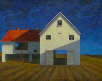 Night Barn is an imaginative place inspired by Lancaster area barns in deep ultramarine blue & red printed on canvas.