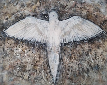 White Dove is a print of an original watercolor painted on Arches Watercolor Paper with powdered pigments and ink  in greys, silver & white.