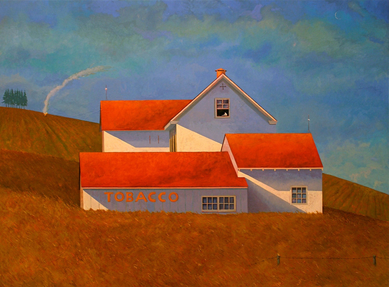 Smoke is a Print of an Original Oil Painting of PA Farm House With Tobacco  Painted on the Side With Scarlet Red Roof. FREE Shipping in USA