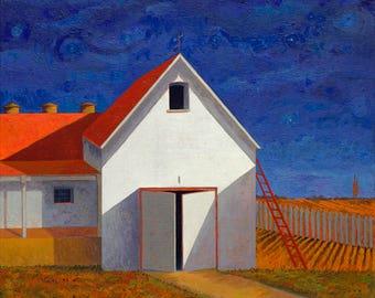 Tobacco Barn V is a print of an original oil painting of an barn inspired by Lancaster, Pennsylvania Amish farms with a twist!