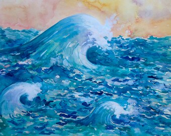 Happy Waves is a print of an original watercolor painted in The Outer Banks in North Carolina