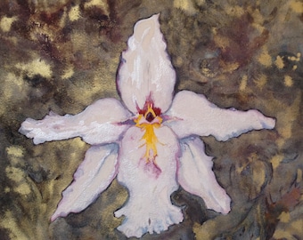 Angel Orchid is an original watercolor painting from Longwood Gardens on Arches French paper with gold & pearl pigments on a wood stretcher