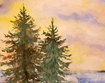 Twin Pines Bass Harbor Maine is an original watercolor painted in beautiful blues, greens & pinks