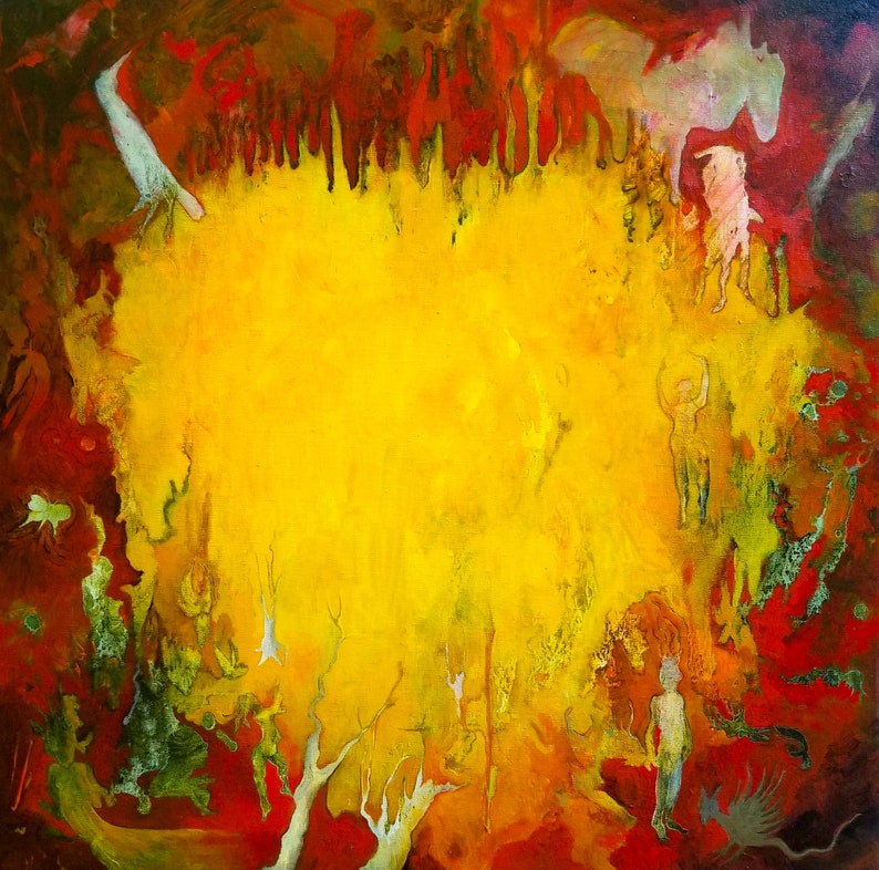 El Gran Corazón Dorado es una impresión de una pintura al óleo original en amarillo y rojo con un corazón rodeado de espíritus de la naturaleza, hadas y animales. imagen 1