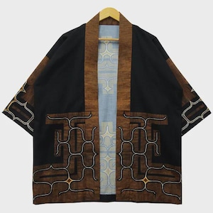 Ainu Happi Coat from Hokkaido Japan | Black & Brown Japanese Festival Jacket | Traditional Ainu Pattern | Unisex Japanese Clothing