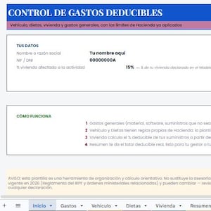 Könnte beinhalten: Eine digitale Tabellenvorlage mit dem Titel CONTROL DE GASTOS DEDUCIBLES mit Abschnitten für Benutzerdaten, Steuergrenzen für 2026 und Anweisungen. Das Layout enthält Felder für Name, ID und Wohnungsanteil sowie einen Haftungsausschluss unten.