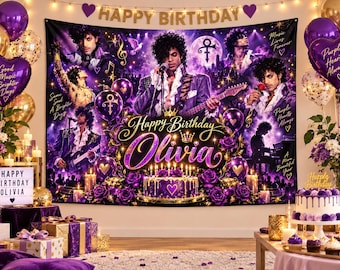 Tapisserie d'anniversaire Prince personnalisée avec nom, décor de fête inspiré de Purple Rain, bannière d'anniversaire musicale personnalisée, décoration murale pour les fans de Prince
