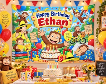 May include: A large rectangular birthday backdrop featuring Curious George, the Man with the Yellow Hat, and the text Happy Birthday Ethan. The scene includes colorful balloons, gift boxes, a birthday cake with candles, and various monkeys.