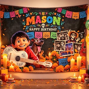 May include: A birthday backdrop featuring a boy with a white guitar and a dog, with the text MASON HAPPY BIRTHDAY. The scene includes colorful papel picado banners, marigold flowers, candles, framed photos, and gift boxes with balloons.