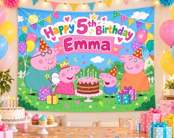 May include: A rectangular fabric birthday banner featuring Peppa Pig characters, a chocolate cake, and colorful gift boxes. The text reads Happy 5th Birthday Emma in bright, multi-colored letters against a blue sky and green grass background.