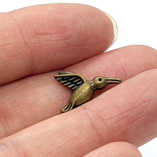 20 Antiqued Gold Pewter Hummingbird Spacer Beads, Antiqued Gold Small Bird Ornithology Pewter Beads 11mm x 17mm