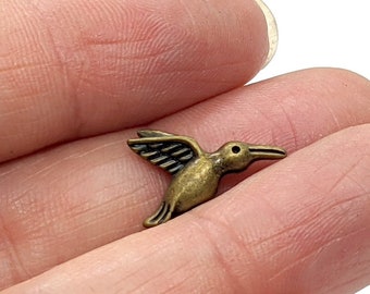 20 Antiqued Gold Pewter Hummingbird Spacer Beads, Antiqued Gold Small Bird Ornithology Pewter Beads 11mm x 17mm